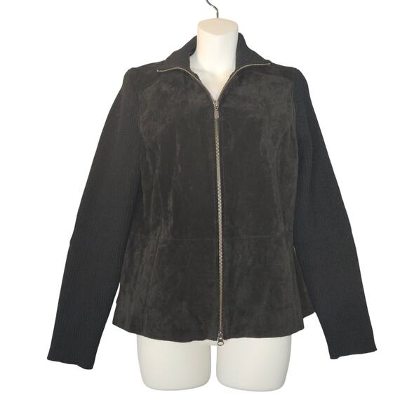 Covington Women Medium Leather Coat Elbow Patches Chocolate Brown Knit Zip Y2K - Picture 1 of 12